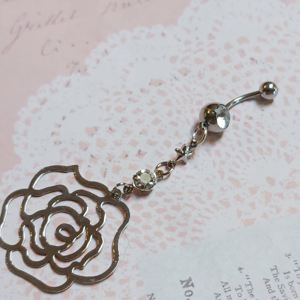 Filigree Style  Camellia Silhouette Flower Clear Gem Belly Dangle Belly Ring